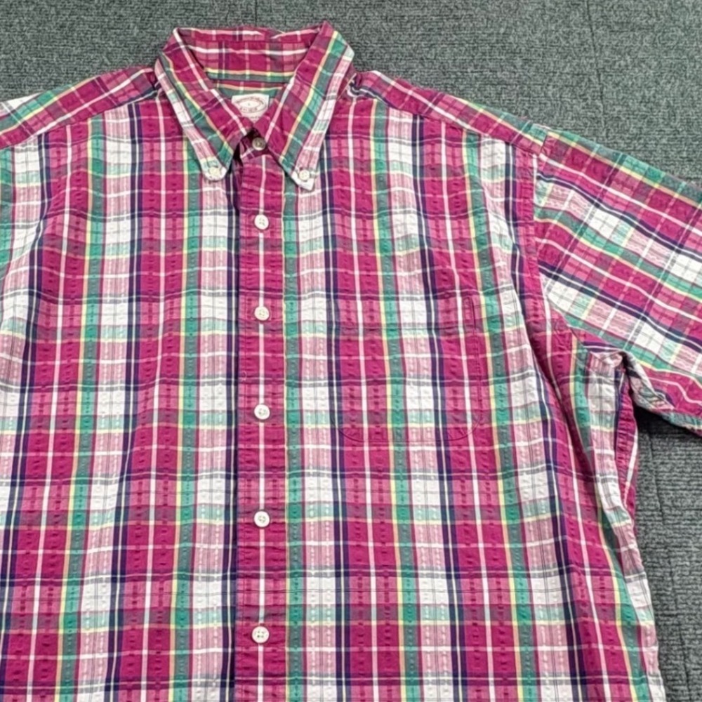 Brooks Brothers Mens Large Regular Fit Plaid Dobby Cotton Short Sleeve Shirt